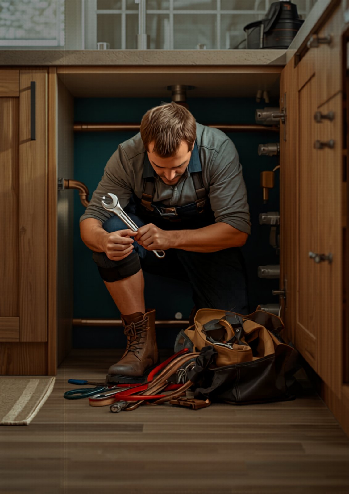 A plumber repairing pipework under a kitchen sink in a British home
