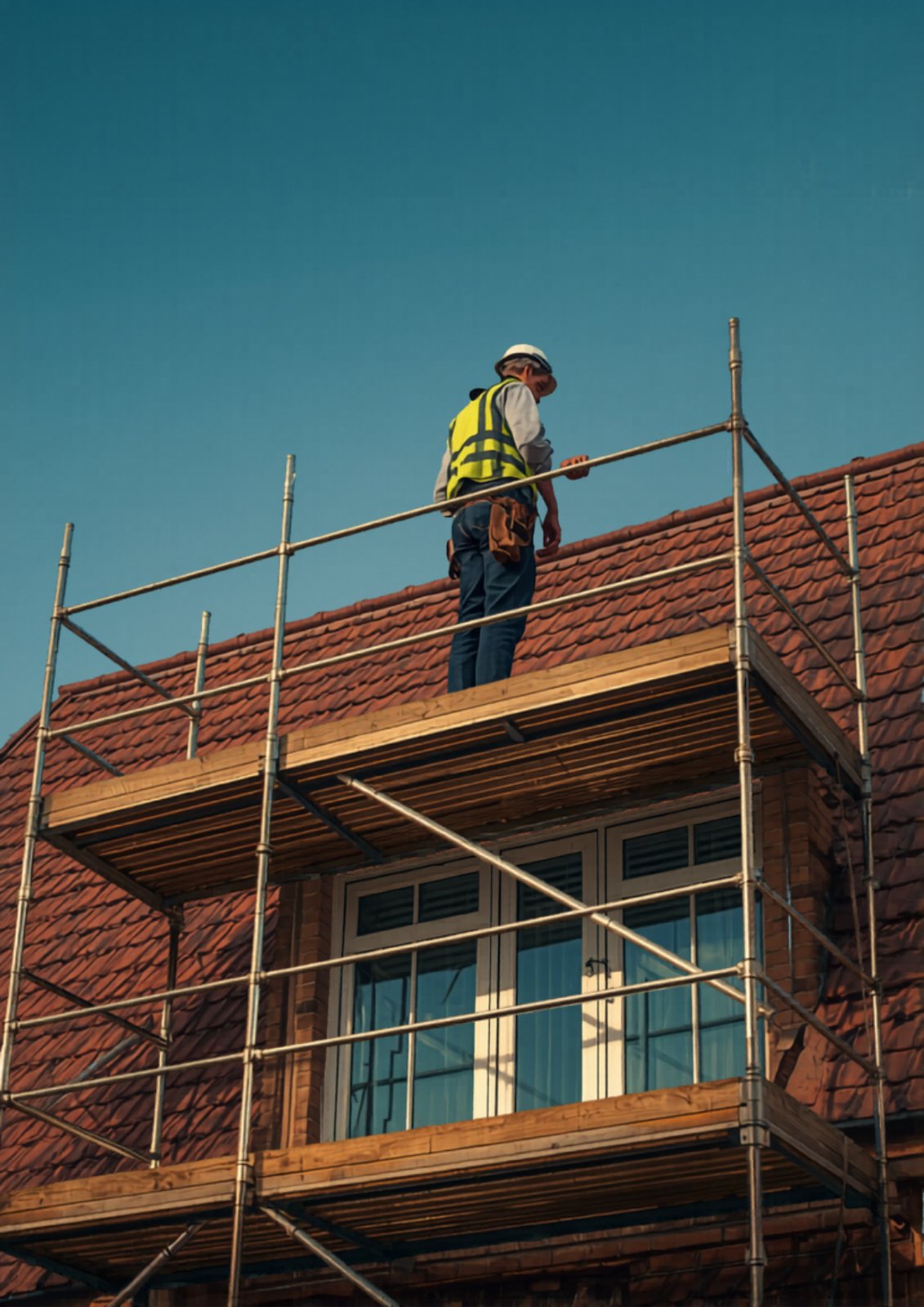A roofer fitting tiles on a pitched British roof